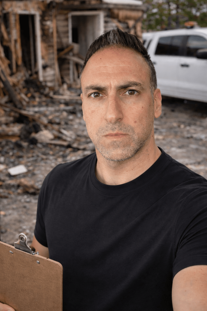 גבר מחזיק קלסר, עומד מול אתר נזק עם מבנה הרוס ברקע.